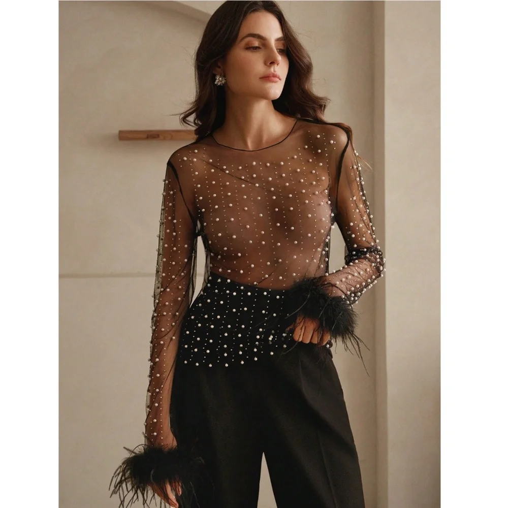 Black Sheer Mesh Long Sleeve Feather Shirt with Faux Pearls Sparkles Beaded - Picture 2 of 15